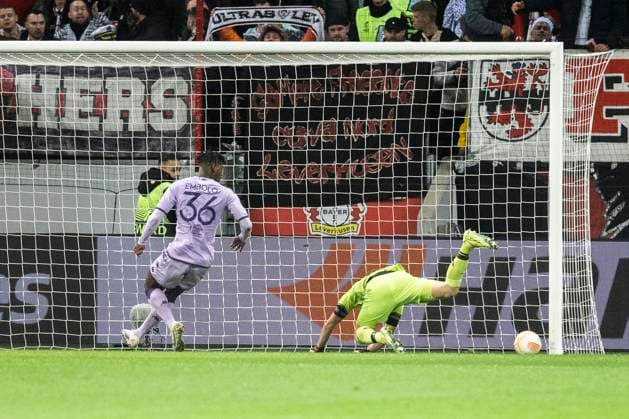 Leverkusen, Bayarena, 16 02 23 Breel Embolo of Monaco scores the 1 0 goal against goalkeeper Lukas Hradecky of Leverkusen during the championsleague match between Bayer 04 Leverkusen v AS Monaco FC