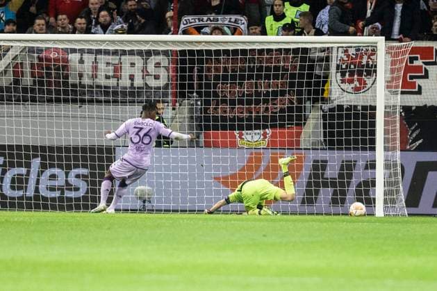 Leverkusen, Bayarena, 16 02 23 Breel Embolo of Monaco scores the 1 0 goal against goalkeeper Lukas Hradecky of Leverkusen during the championsleague match between Bayer 04 Leverkusen v AS Monaco FC