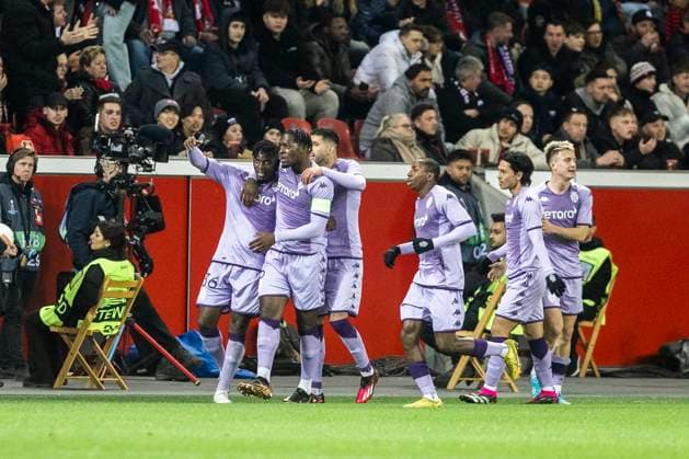 Leverkusen, Bayarena, 16 02 23 Breel Embolo of Monaco L celebrates scoring the 1 0 goal with teammates during the championsleague match between Bayer 04 Leverkusen v AS Monaco FC