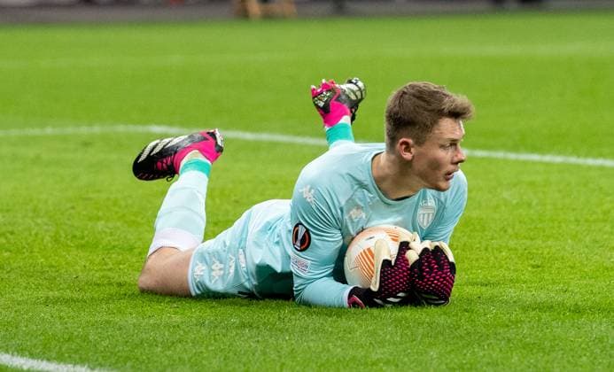 16 02 2023, GER, soccer, men, UEFA, soccer Europa League, play off, season 2022 2023, TSV Bayer 04 Leverkusen AS Monaco Alexander Nübel AS Monaco Leverkusen BayArena Nordrhein Westfalen Germany