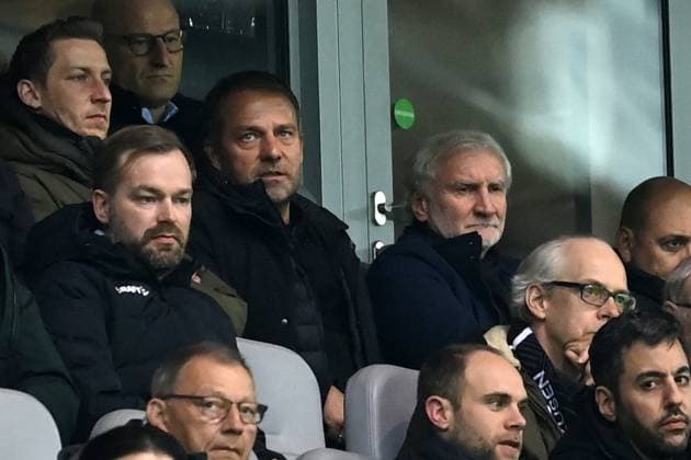 National coach Hansi Flick Germany , mi , and sports director Rudi Völler Germany , right side 16 02 2023, football Europa League, season 2022 23, knockout rounds play off, Bayer 04 Leverkusen AS Monaco Leverkusen BayArena Nordrhein Westfalen Germany Team2