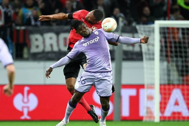 Jonathan Tah Bayer 04 Leverkusen , re , against Breel Embolo AS Monaco 16 02 2023, Football Europa League, season 2022 23, K o rounds play off, Bayer 04 Leverkusen AS Monaco Leverkusen BayArena Nordrhein Westfalen Germany Team2