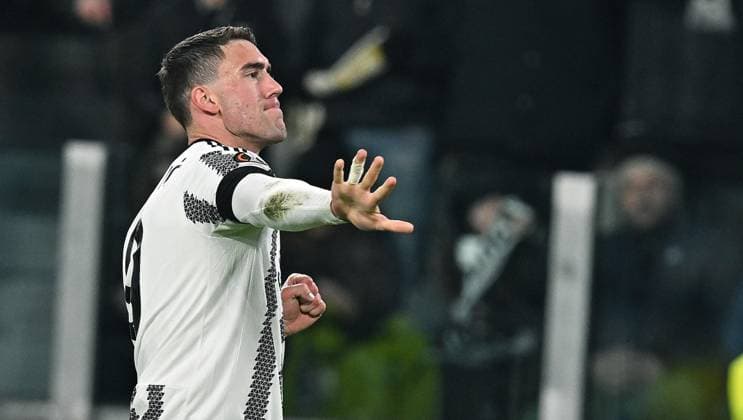 February 16, 2023, Turin, Italy: Juventus Dusan Vlahovic jubilates after scoring the gol (1-0) during the UEFA Europa League play-off soccer match Juventus FC vs Nantes FC at the Allianz Stadium in Turin, Italy, 16 february 2023 ANSA ALESSANDRO DI MARCO UEFA Europa League: Juventus-Nantes  - ZUMAa110 20230216_zaf_a110_010 Copyright: xAlessandroxDixMarcox