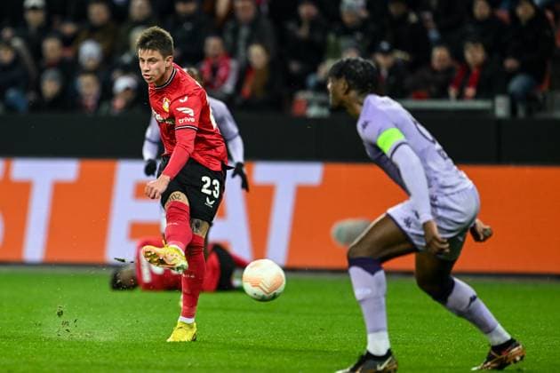 GER, Europa League, Bayer Leverkusen vs AS Monaco 16 02 2023, BayArena , Leverkusen , GER, Europa League, Bayer Leverkusen vs AS Monaco in picture picture shows Adam Hlozek Bayer Leverkusen 23 with the scoring chance nordphotoxGmbHx xTeresaxKroeger nordphoto00008