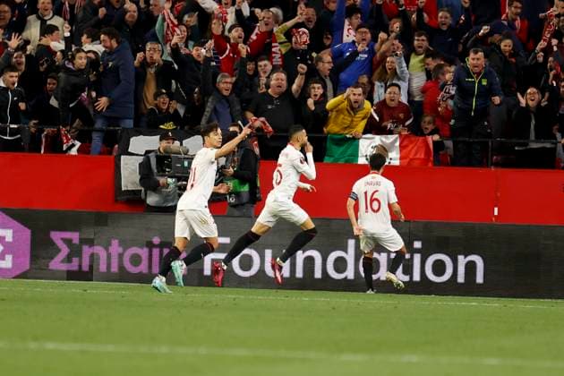 February 16, 2023, Seville, Spain: YOUSSEF EN-NESYRI of Sevilla (C) celebrates after scoring 1-0 during the Europa League Play-off (1st leg) soccer match between Sevilla FC and PSV Eindhoven at the Ramon Sanchez Pizjuan Stadium Seville Spain - ZUMAa142 20230216_zap_a142_011 Copyright: xDanielxGonzalezxAcunax