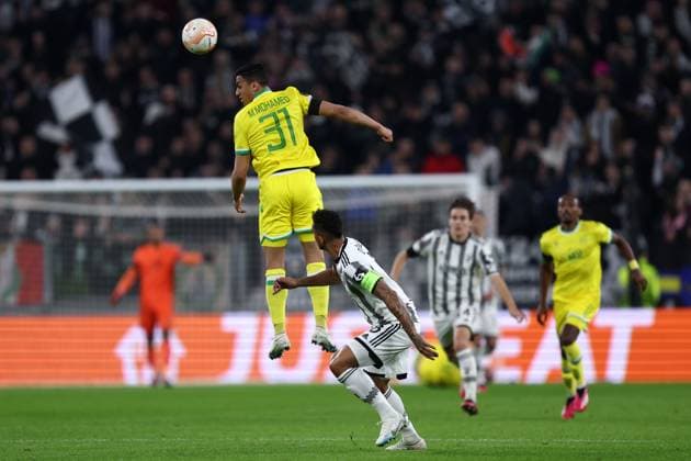 Juventus Fc - Fc Nantes Mostafa Mohamed of Fc Nantes and Danilo Luiz da Silva of Juventus Fc battle for the ball during the Uefa Europa League first leg knockout round play-off match beetween Juventus Fc and Fc Nantes at Allianz Stadium on Februart 16 2023 in Turin, Italy . Turin Allianz Stadium Italy Copyright: xMarcoxCanoniero syncx