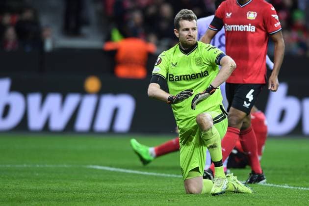 Soccer Europa League knockout round play off Bayer 04 Leverkusen AS Monaco on 16 02 2023 at the BayArena in Leverkusen Lukas Hradecky Leverkusen disappointed xHDx