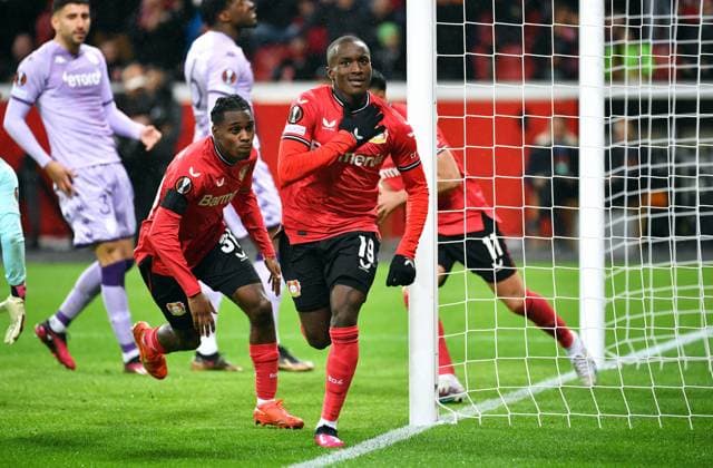 Football, Germany, Men, Europa League, Season 2022 2023, BayArena Leverkusen, Bayer Leverkusen AS Monaco jubilation Moussa Diaby LEV after his goal to 1 1 jubilation, joy, action UEFA REGULATES PROHIBIT ANY USE OF PHOTOGRAPHS AS IMAGE SEQUENCES AND OR QUASI VIDEO