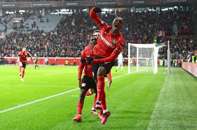 Football, Germany, Men, Europa League, Season 2022 2023, BayArena Leverkusen, Bayer Leverkusen AS Monaco jubilation Moussa Diaby LEV after his goal to 1 1 jubilation, joy, action UEFA REGULATES PROHIBIT ANY USE OF PHOTOGRAPHS AS IMAGE SEQUENCES AND OR QUASI VIDEO