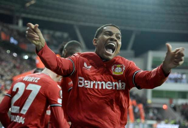 BayArena Leverkusen, 16 2 2023, Football UEFA Europa League season 2022 23, Play off round, Bayer 04 Leverkusen B04 vs AS Monaco ASM Amine Adli B04 cheers UEFA REGULATES PROHIBIT ANY USE OF PHOTOGRAPHS AS IMAGE SEQUENCES AND OR QUASI VIDEO