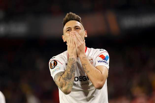 February 16, 2023, Seville, Spain: LUCAS OCAMPOS of Sevilla celebrates after scoring 2-0 during the Europa League Play-off (1st leg) soccer match between Sevilla FC and PSV Eindhoven at the Ramon Sanchez Pizjuan Stadium Seville Spain - ZUMAa142 20230216_zap_a142_024 Copyright: xDanielxGonzalezxAcunax