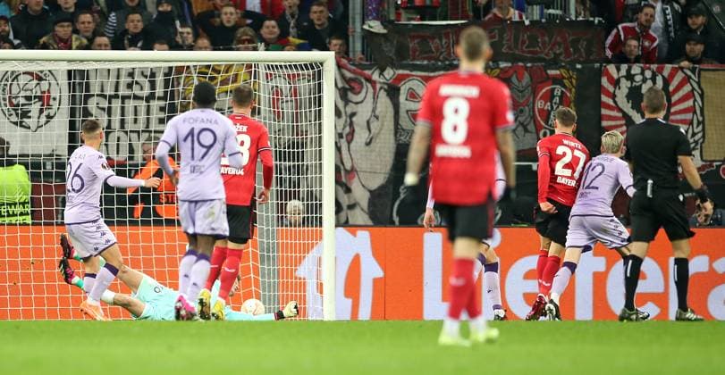 16 02 2023, Football UEFA Europa League 2022 2023, K o Runden Play off, Bayer 04 Leverkusen AS Monaco, at BayArena Leverkusen Goal to 2 1 DFL and DFB regulations prohibit any use of photographs as image sequences and or quasi video