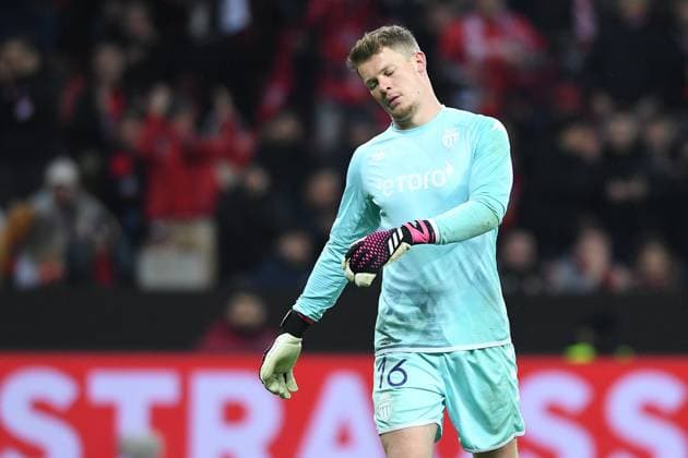 Soccer Europa League K o round Play off Bayer 04 Leverkusen AS Monaco on 16 02 2023 in the BayArena in Leverkusen Alexander Nübel Monaco disappointed xHDx