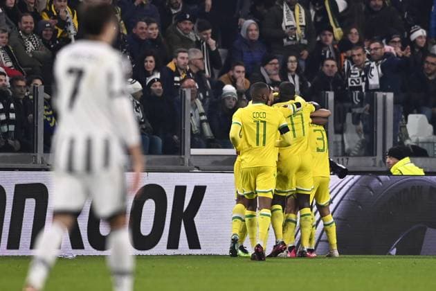 Foto Fabio Ferrari LaPresse 16 Febbraio 2023 - Torino, Italia - calcio - Juventus vs Nantes - UEFA Europa League - Spareggi andata - Juventus Stadium. Nella foto: esultanza Nantes dopo il pareggio 1-1 February 16, 2023 Turin, Italy - sport, calcio - Juventus vs Nantes - UEFA Europa League - Play off -1st leg- Juventus Stadium. In the pic: Nantes celebration after scoring 1-1  Copyright: xFabioxFerrari LaPressex