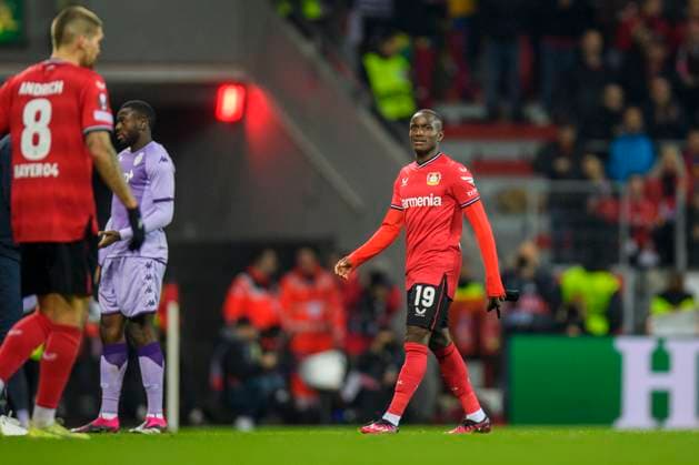 Soccer Champions League, season 2022 2023, round of 16, Bayer 04 Leverkusen AS Monaco on 16 02 2023 in Leverkusen North Rhine Westphalia substitution, substitution, Leverkusen s Moussa Diaby Copyright: xKirchnerx xChristopherxNeundorfx