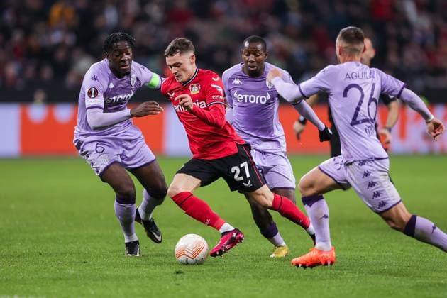 16 02 2023, Football, 2022 2023 season, UEFA Europa League, UEL, Play Off, First leg, Bayer 04 Leverusen AS Monaco, f l Axel Disasi AS Monaco , Florian Wirtz Bayer 04 Leverkusen , Mohamed Camara AS Monaco , xRHR PHOTO DEx Copyright: DennisxEwert RHR-FOTOx RHR-FOTO DE