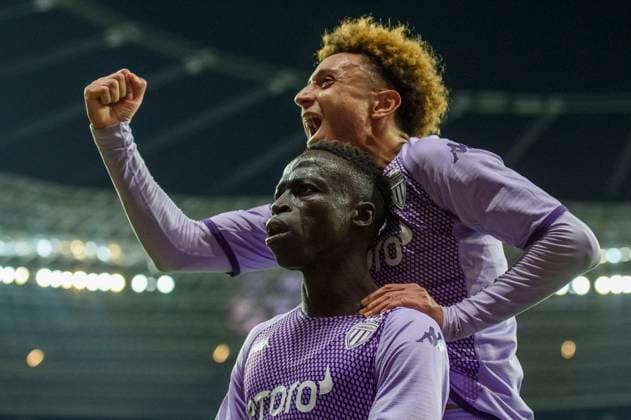 Soccer Champions League, 2022 2023 season, round of 16, Bayer 04 Leverkusen AS Monaco on 16 02 2023 in Leverkusen North Rhine Westphalia goal celebration, jubilation, joy of goal to 2 2, Monaco™s KrÃ pin Diatta Copyright: xKirchnerx xChristopherxNeundorfx
