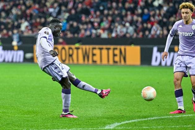 GER, Europa League, Bayer Leverkusen vs AS Monaco 16 02 2023, BayArena , Leverkusen , GER, Europa League, Bayer Leverkusen vs AS Monaco in picture shows Krepin Diatta AS Monaco 27 shoots the goal to 2 2 nordphotoxGmbHx xTeresaxKroeger nordphoto00008