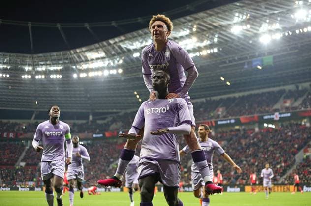 16 02 2023, Football UEFA Europa League 2022 2023, K o Runden Play off, Bayer 04 Leverkusen AS Monaco, in the BayArena Leverkusen Jubel L R scorer Krepin Diatta AS Monaco and Eliesse Ben Seghir AS Monaco to the goal to 2 2 DFL and DFB regulations prohibit any use of photographs as image sequences and or quasi video