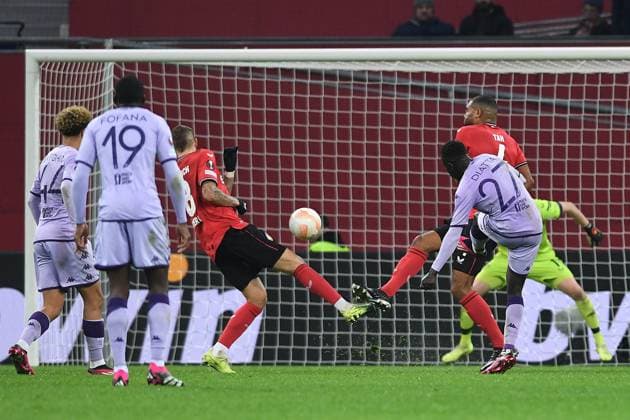 Soccer Europa League K o round play off Bayer 04 Leverkusen AS Monaco on 16 02 2023 at the BayArena in Leverkusen goal shot goal to 2 2 by Krepin Diatta Monaco xHDx