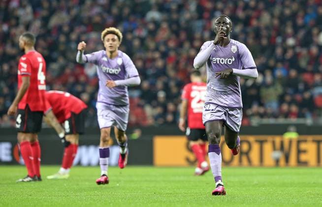 16 02 2023, Football UEFA Europa League 2022 2023, K o Runden Play off, Bayer 04 Leverkusen AS Monaco, in der BayArena Leverkusen Jubel Torschütze Krepin Diatta AS Monaco zum Tor zum 2 2 DFL and DFB regulations prohibit any use of photographs as image sequences and or quasi video