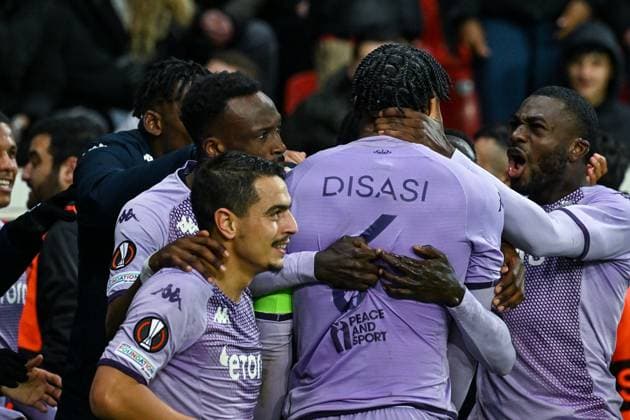 GER, Europa League, Bayer Leverkusen vs AS Monaco 16 02 2023, BayArena , Leverkusen , GER, Europa League, Bayer Leverkusen vs AS Monaco in picture picture shows Axel Disasi AS Monaco 6 cheers after his goal to 3 2 for AS Monaco nordphotoxGmbHx xTeresaxKroeger nordphoto00008