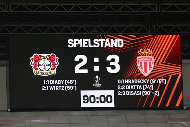 Late goal for AS Monaco by Diasi Score Bayer 04 Leverkusen vs AS Monaco, Football, UEFA Europa League, K O Round Play Off First Leg, Season 2022 2023, 16 02 2023 Leverkusen Nordrhein Westfalen Germany Copyright: xkolbert-press AntxPalmerx