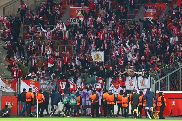 AS Monaco celebrates goal to 2 3 Bayer 04 Leverkusen vs AS Monaco, football, UEFA Europa League, knockout round play off first leg, 2022 2023 season, 16 02 2023 Leverkusen North Rhine Westphalia Germany. Copyright: xkolbert-press AntxPalmerx