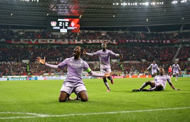 16 02 2023, Football UEFA Europa League 2022 2023, K o Runden Play off, Bayer 04 Leverkusen AS Monaco, in der BayArena Leverkusen Jubel Torschütze Axel Disasi AS Monaco zum Tor zum 2 3 DFL and DFB regulations prohibit any use of photographs as image sequences and or quasi video