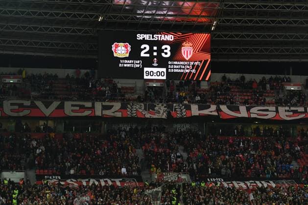 Scoreboard with final result 16 02 2023, football Europa League, season 2022 23, knockout rounds play off, Bayer 04 Leverkusen AS Monaco Leverkusen BayArena North Rhine Westphalia Germany. Team2