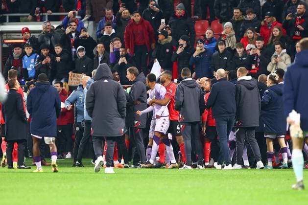 Tumult after end of match Bayer 04 Leverkusen vs AS Monaco, football, UEFA Europa League, knockout round play off first leg, 2022 2023 season, 16 02 2023 Leverkusen North Rhine Westphalia Germany Copyright: xkolbert-press AntxPalmerx