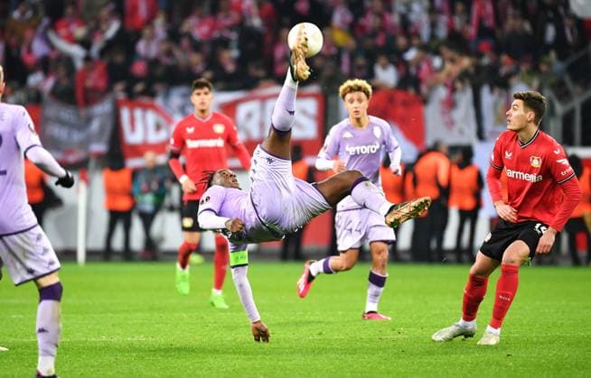 Football, Germany, Men, Europa League, Season 2022 2023, BayArena Leverkusen, Bayer Leverkusen AS Monaco 2 3 Axel Disasi ASM Action UEFA REGULATES PROHIBIT ANY USE OF PHOTOGRAPHS AS IMAGE SEQUENCES AND OR QUASI VIDEO