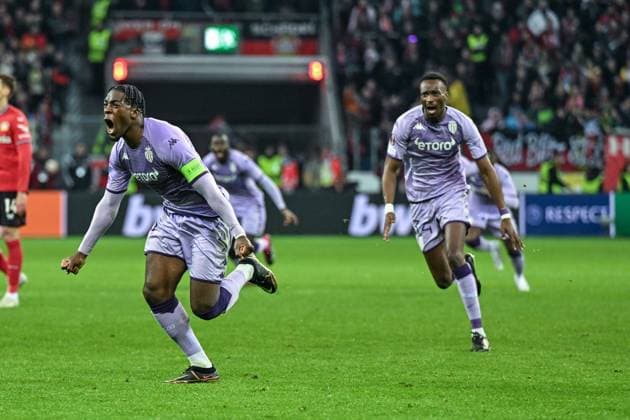 GER, Europa League, Bayer Leverkusen vs AS Monaco 16 02 2023, BayArena , Leverkusen , GER, Europa League, Bayer Leverkusen vs AS Monaco in picture picture shows Axel Disasi AS Monaco 6 cheers after his goal to 3 2 for AS Monaco nordphotoxGmbHx xTeresaxKroeger nordphoto00008
