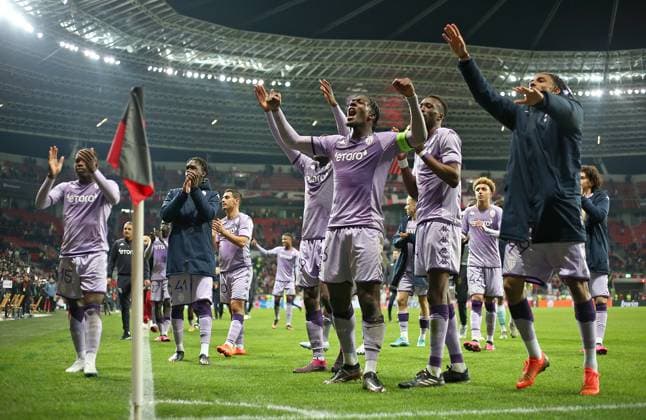 16 02 2023, Football UEFA Europa League 2022 2023, K o Runden Play off, Bayer 04 Leverkusen AS Monaco, in der BayArena Leverkusen Schlussjubel AS Monaco DFL and DFB regulations prohibit any use of photographs as image sequences and or quasi video