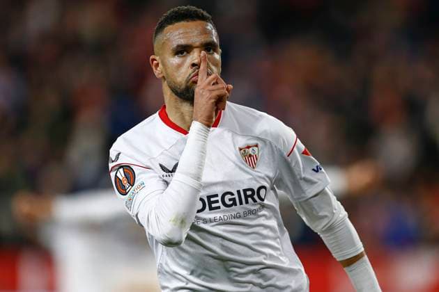 Sport Bilder des Tages ESP: Sevilla FC-PSV Eindhoven. UEFA Europa League Youssef En-Nesyri of Sevilla FC during the UEFA Europa League match, Play-off, 1st leg between Sevilla FC and PSV Eindhoven played at Ramon Sanchez Pizjuan Stadium on February 16, 2023 in Sevilla, Spain. kpng Copyright: xAntonioxPozox xPRESSINx PS_230216_816