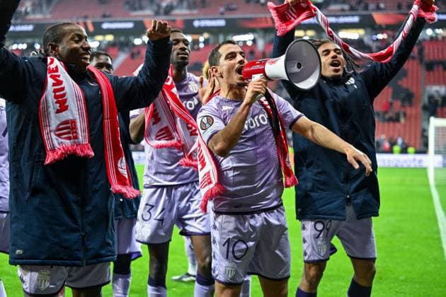 GER, Europa League, Bayer Leverkusen vs AS Monaco 16 02 2023, BayArena , Leverkusen , GER, Europa League, Bayer Leverkusen vs AS Monaco in picture shows AS Monaco celebrates victory in Leverkusen nordphotoxGmbHx xTeresaxKroeger nordphoto00008