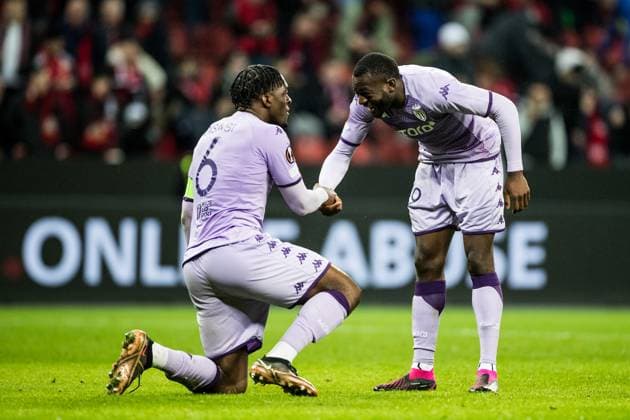 UEFA Europa League Play off, Bayer 04 Leverkusen AS Monaco 16 02 2023 Axel Disasi AS Monaco, 6 and Youssouf Fofana AS Monaco, 19 celebrate victory UEFA Europa League Play off, Bayer 04 Leverkusen AS Monaco, Leverkusen, BayArena Copyright: xBEAUTIFULxSPORTS Wunderlx