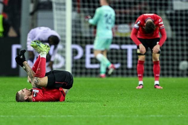 GER, Europa League, Bayer Leverkusen vs AS Monaco 16 02 2023, BayArena , Leverkusen , GER, Europa League, Bayer Leverkusen vs AS Monaco in picture shows final whistle end of match final score Robert Andrich Bayer Leverkusen 8 is disappointed nordphotoxGmbHx xTeresaxKroeger nordphoto00008