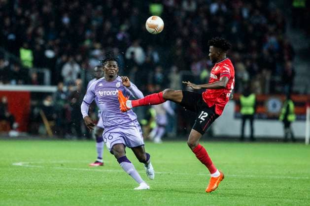 Leverkusen, Bayarena, 16 02 23 Breel Embolo L9 of Monaco against Edmond Tapsoba of Leverkusen during the championsleague match between Bayer 04 Leverkusen v AS Monaco FC