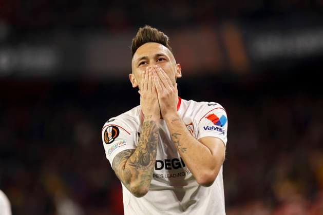 Sport Bilder des Tages February 16, 2023, Seville, Spain: LUCAS OCAMPOS of Sevilla celebrates after scoring 2-0 during the Europa League Play-off (1st leg) soccer match between Sevilla FC and PSV Eindhoven at the Ramon Sanchez Pizjuan Stadium. Sevilla won 3:0. Seville Spain - ZUMAa142 20230216_zap_a142_024 Copyright: xDanielxGonzalezxAcunax