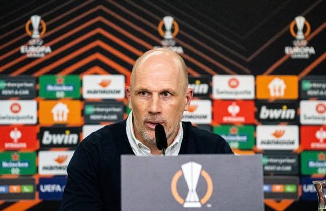 16 02 2023, GER, Football, Men, UEFA, Football Europa League, Play off, Season 2022 2023, TSV Bayer 04 Leverkusen AS Monaco 2 3 Coach Philippe Clement AS Monaco at the post-match press conference Leverkusen BayArena Nordrhein Westfalen Germany.
