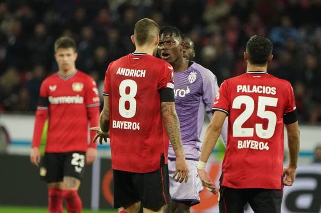 Football,UEFA Europa League 2022 2023, Bayer 04 Leverkusen AS Monaco 16 02 2023, Robert Andrich Bayarena Leverkusen, Breel Embolo, AS Monaco, Arguing,
