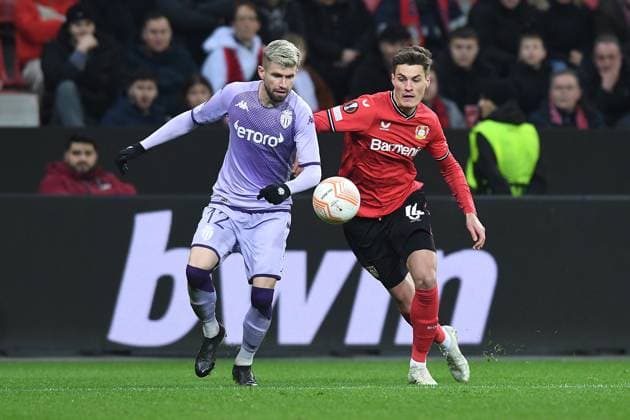 Soccer Europa League K o round Play off Bayer 04 Leverkusen AS Monaco on 16 02 2023 at the BayArena in Leverkusen Caio Henrique Monaco , left Patrik Schick Leverkusen , right xHDx