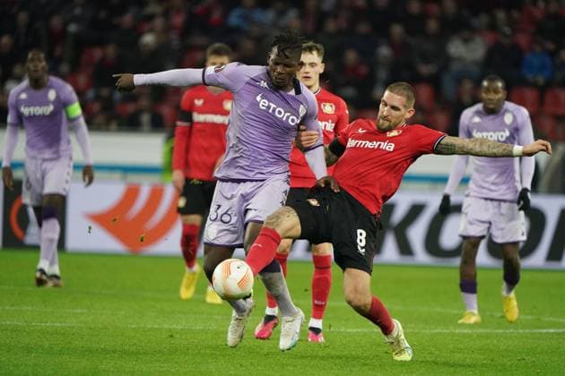Football,UEFA Europa League 2022 2023, Bayer 04 Leverkusen AS Monaco 16 02 2023, Bayarena Leverkusen, Breel Embolo, AS Monaco, Robert Andrich, Bayer 04 Leverkusen
