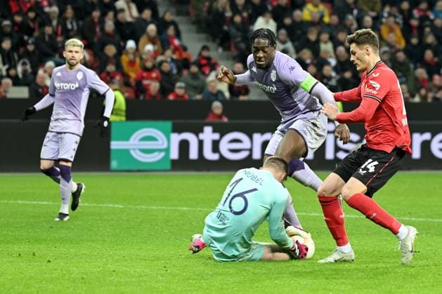 Leverkusen, Bayarena, 16 02 23, GER, Men, UEFA Europa League, Bayer 04 Leverkusen AS Monaco Picture from left Goalkeeper Alexander Nuebel AS Monaco , Axel Disasi AS Monaco and Patrik Schick Leverkusen Only for journalistic use Only for editorial use According to the regulations of the DFL Deutsche Fußball Liga it is prohibited, DFL regulations prohibit any use of photographs as image sequences and or quasi video North Rhine-Westphalia Germany
