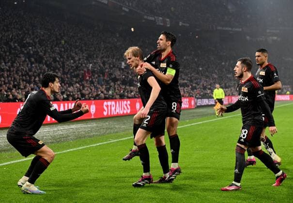 Football, men, season 2022 2023, Europa League Play Offs to the round of 16, first leg , Ajax Amsterdam 1 FC Union Berlin 0 0 , v l Diogo Leite 1 FC Union Berlin , Morten Thorsby 1 FC Union Berlin , Rani Khedira 1 FC Union Berlin , Josip Juranovic 1 FC Union Berlin , Danilho Doekhi 1 FC Union , cheering after the supposed goal to 1 0, but goal is disallowed for handball, 16 02 2023, Copyright: xMatthiasxKochx