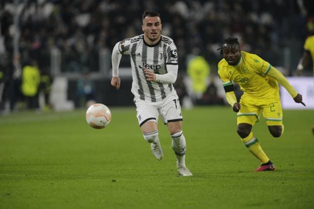 Filip Kostic of Juventus and Moses Simon of Fc Nantes during the Uefa Europa League, football match between Juventus Fc and Fc Nantes on 16 February 2023 at Allianz Stadium, Turin, Italy. Photo Ndrerim Kaceli  Copyright: xNderimxKacelix xipa-agency.netx xLivexMediax 0 IPA_IPA36153074