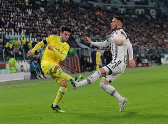 Fabien Centonze of Fc Nantes and Filip Kostic of Juventus during the Uefa Europa League, football match between Juventus Fc and Fc Nantes on 16 February 2023 at Allianz Stadium, Turin, Italy. Photo Ndrerim Kaceli  Copyright: xNderimxKacelix xipa-agency.netx xLivexMediax 0 IPA_IPA36153171