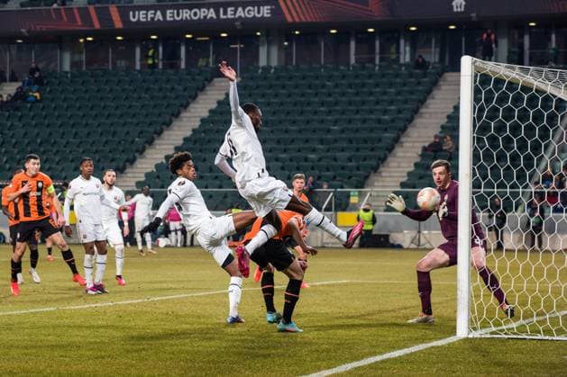 February 16, 2023, Warsaw, Poland: Karl Toko Ekambi (C) of Rennes scores a goal during the UEFA Europa League 2022 23 1st leg play-off round football match between Shakhtar Donetsk and FC Stade Rennais at Marshal Jozef Pilsudski Municipal Stadium of Legia Warsaw. .Final score: Shakhtar Donetsk 2:1 Rennes. Warsaw Poland - ZUMAs197 20230216_zaa_s197_701 Copyright: xAttilaxHusejnowx