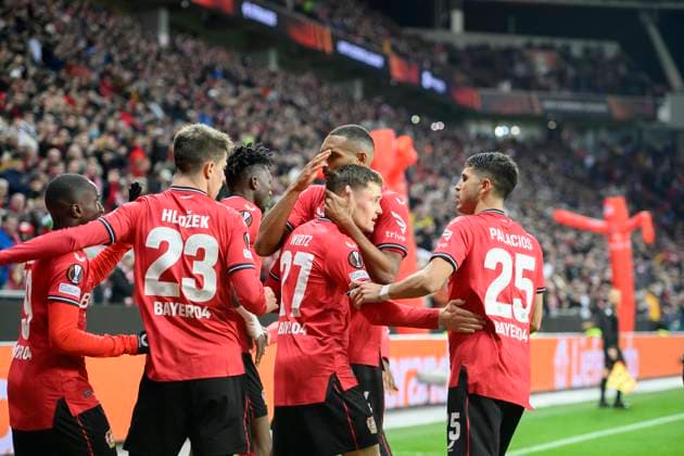 LEV celebrating Moussa DIABY LEV after his goal to 1 1, f l Moussa DIABY LEV , Adam HLOZEK LEV , Jonathan TAH LEV , Florian WIRTZ LEV , Exequiel PALACIOS LEV Football Europa League, K o round Play off first leg, Bayer 04 Leverkusen LEV AS Monaco, on 16 02 2023 in Leverkusen Germany UEFA regulations prohibit any use of photographs as image sequences and or quasi video Â